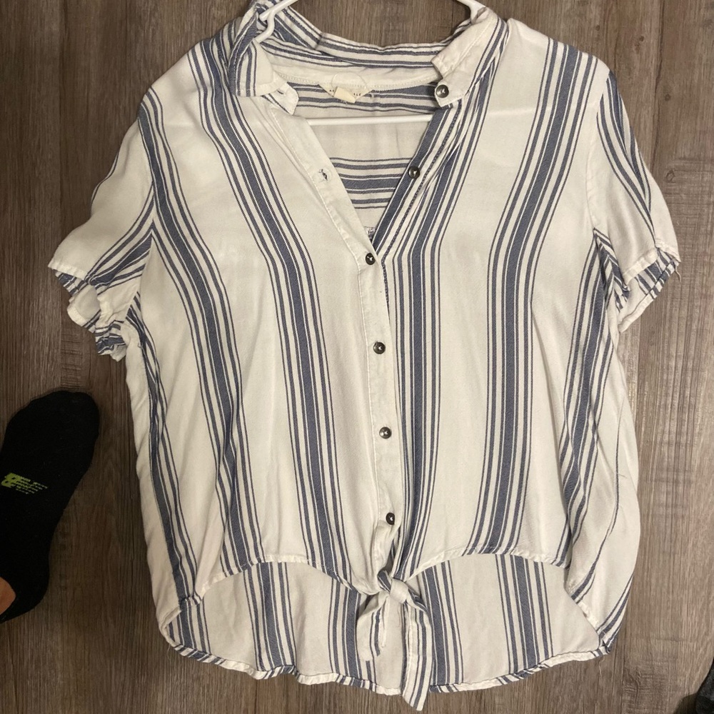 Blue/grey and white striped Aeropostale shirt with cute tie at the bottom!